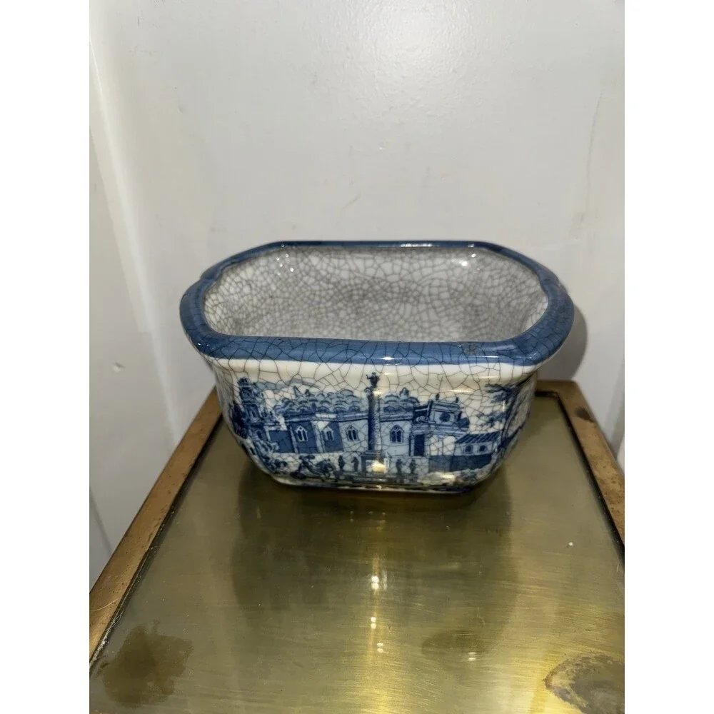 Vintage Blue & White Crackle Glaze Cachepot Planter Bowl